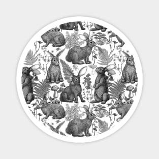 Rabbits and woodland flora, monochrome Magnet